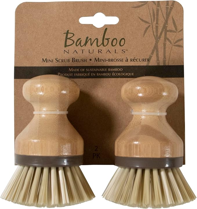 Mini Scrub Brush, Made of Sustainable Bamboo and Recycled Plastic, Scrub Pots, Pans, Vegetables, and More, Pack of 2