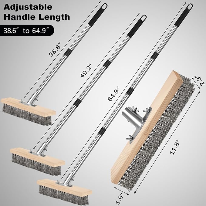 Heavy Duty Wire Brush, Multifunction Outdoor Push Broom for Garden Cleaning, Wide Metal Scrub Broom with Detachable 64.9in Handle for Deck Pavers Patios Walkways Concrete Floor