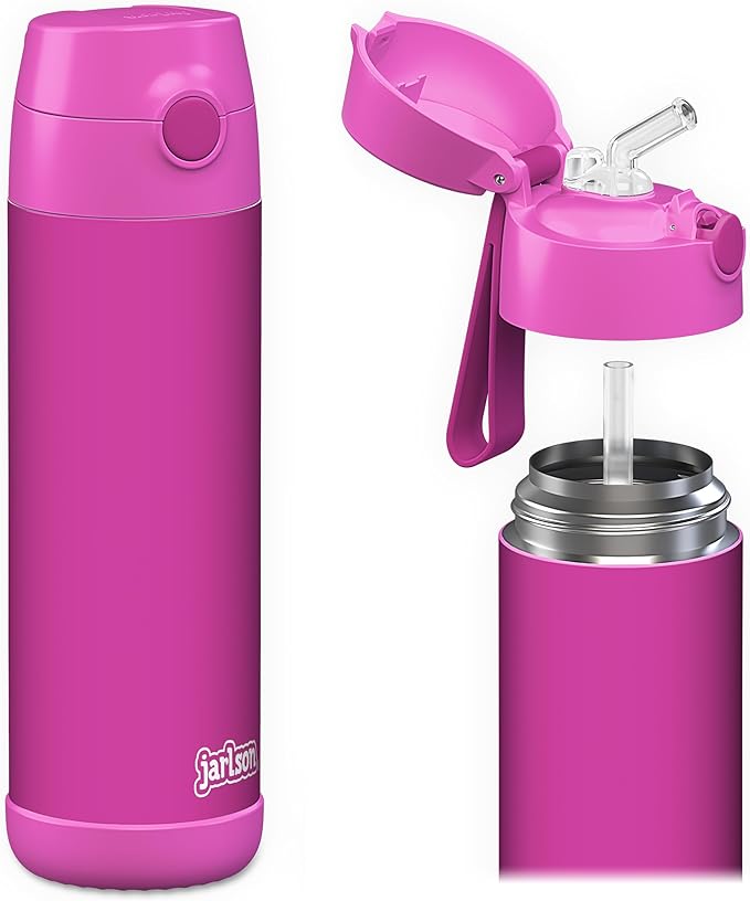 Jarlson® Charli Children's Stainless Steel Drinking Bottle with Straw - Thermos Flask 350 ml - TÜV Tested - BPA Free - Leak-Proof - Thermal Water Bottle for School, Nursery (Magenta)