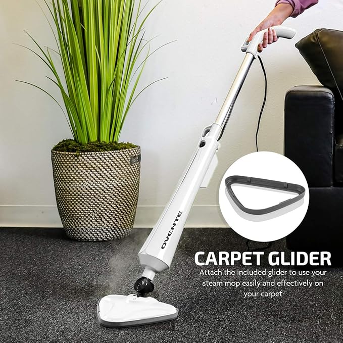 OVENTE Electric Steam Mop Cleaner, 1300W Floor Steamer with Swivel Head, Refillable Water Tank and Washable Microfiber Pad for Cleaning Carpet, Hardwood, Laminate Floor, Tiles and Grout, White ST405W