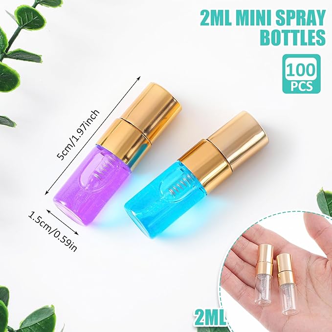 Zhehao 100 Pcs Mini Spray Bottles Clear Glass Perfume Bottles Refillable Fine Mist Perfume Atomizer Portable Empty Sample Containers for Cleaning, Essential Oils, Travel(2 ml)
