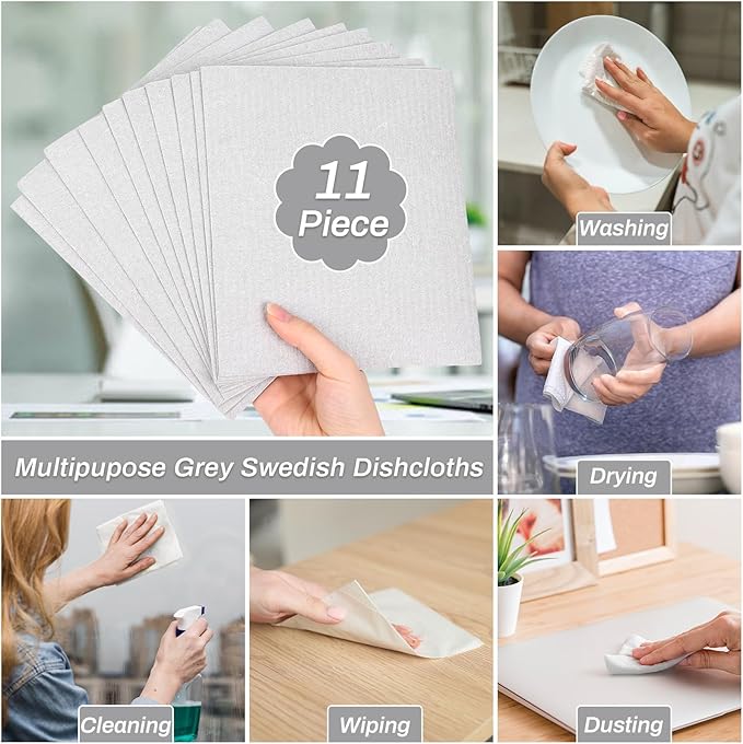 11 Pack Kitchen Swedish Dishcloths, Reusable Kitchen Dish Rags Sponge Cleaning Cloths Cellulose Dishcloths for Kitchen Washing Dish Counters