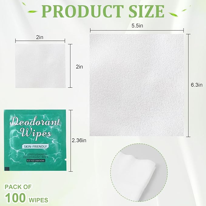 100Pcs Travel Deodorant Wipes, Travel Size Mini Deodorant Wipes Bulk for Homeless, Individually Wrapped Body Cleaning Supplies for Women Wet Armpit for Body Cleaning Jasmine
