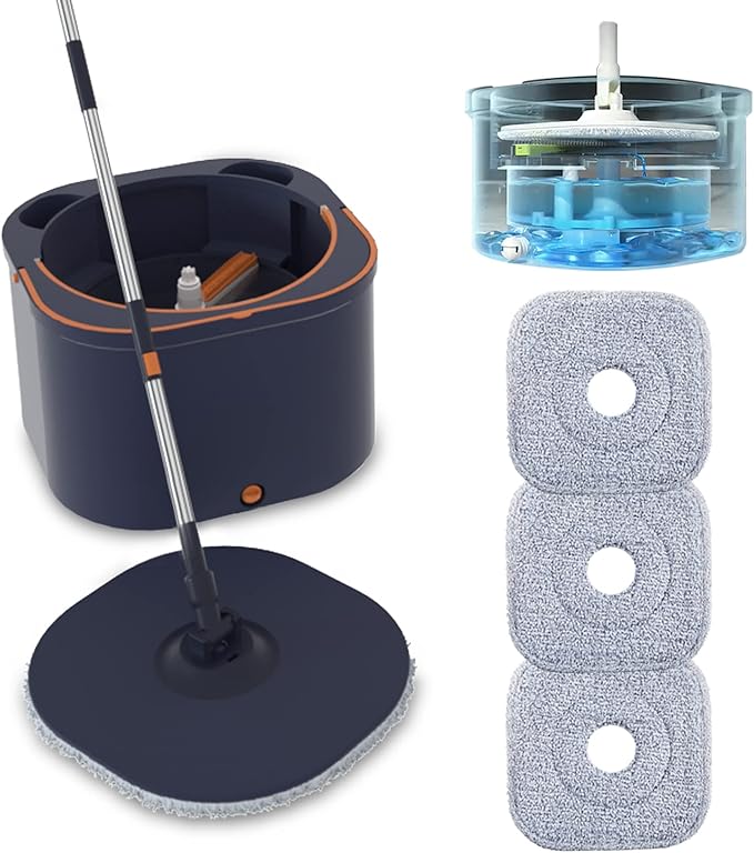 Flat Floor Mop and Bucket System Set with Wringer, Spin Mop and Bucket Separate Clean and Dirty Water with Self Separation for Hardwood, Laminate, Tile, Floor Cleaning, Wet and Dry Use, Navy Blue