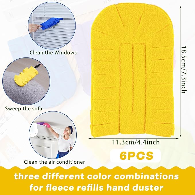Zubebe 6 Pcs Heavy Duty Duster Refill Reusable Fleece Duster Refills Multi Surface Washable Cleaning Pads for Home, Blinds, Fans, Corners, Furniture (Blue,Yellow,Purple)