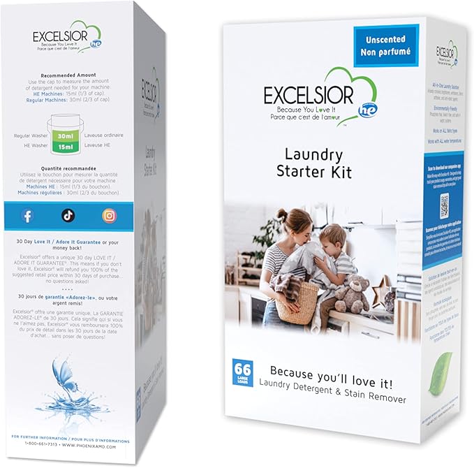 Excelsior - HE Liquid Laundry Detergent with Natural Stain Remover for 66 Loads - Unscented - 1 Liter Eco-friendly Laundry Detergent Starter Pack (1 Pack)