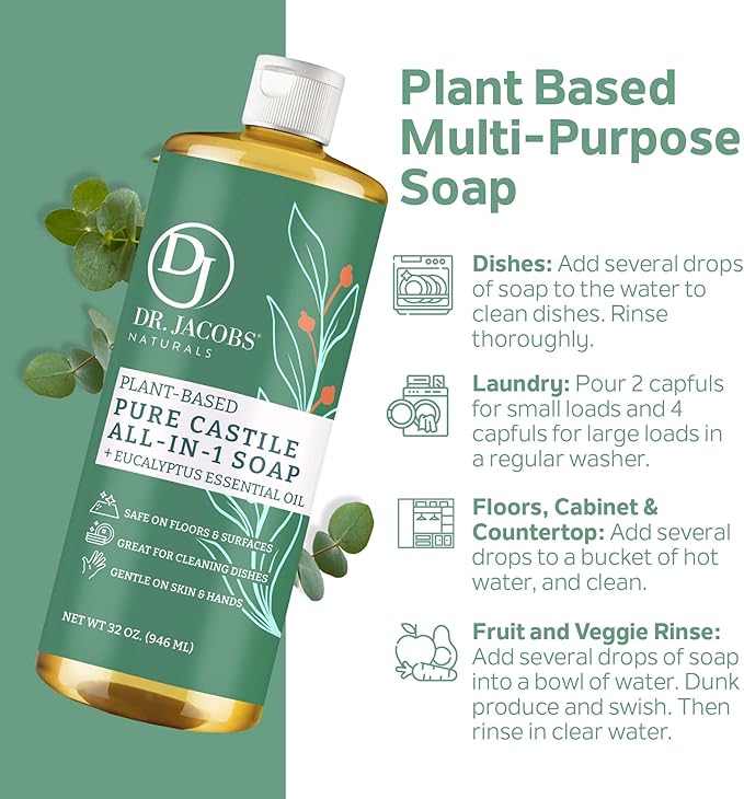 Dr. Jacobs Naturals Eucalyptus Castile All-In-One Cleaner and Soap, Effective Plant-Based Formula for House Cleaning. Eco-friendly for Home Essentials and the Planet (32 Fl Oz, 2 Pack)