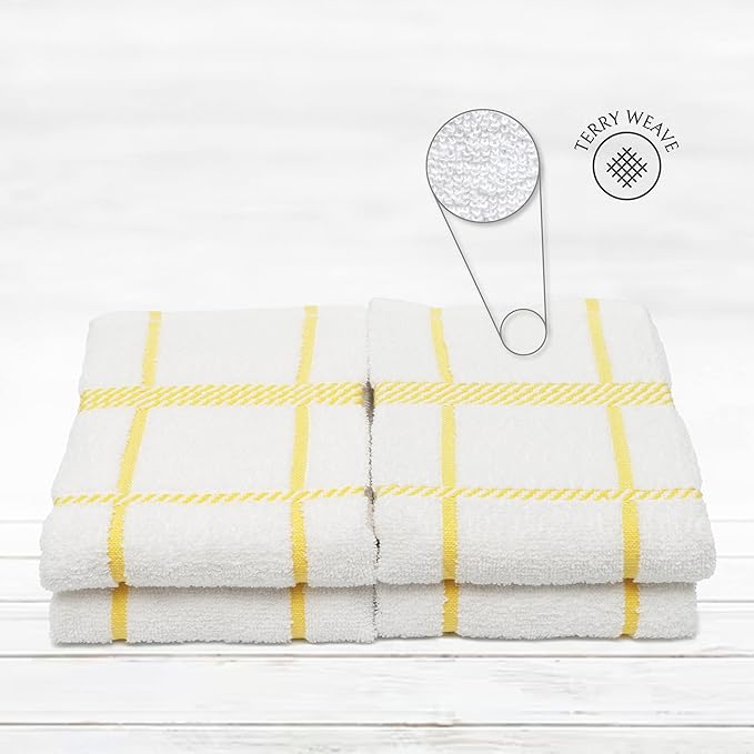 100% Cotton Terry Dish Towels, 4 Pack Checks, 16 x26 Inches, Super Soft and Absorbent Kitchen Towels, Perfect for Kitchen Cleaning and Dish Washing | Yellow