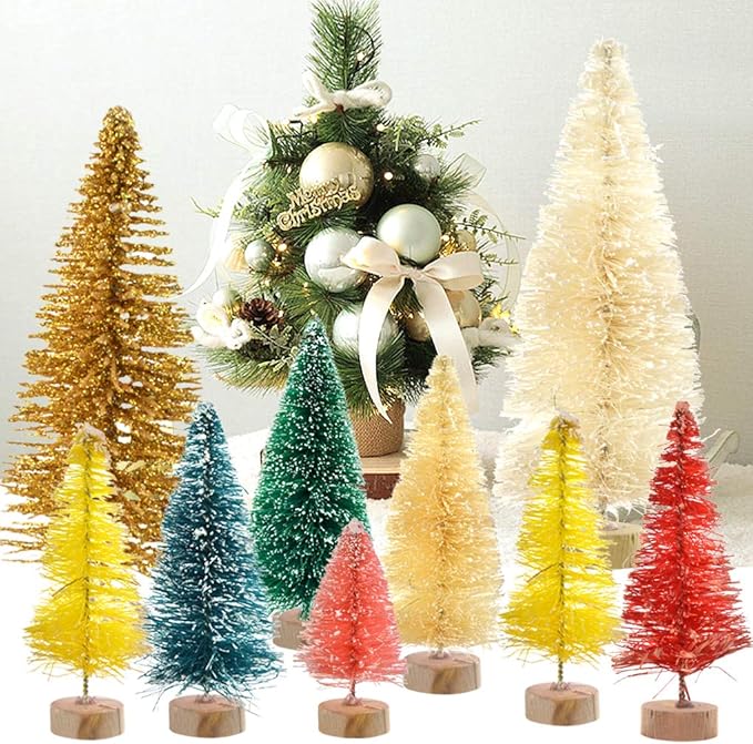 Yookat 40Pcs Mini Pine Trees Artificial Mini Trees with Wood Base Sisal Trees Bottle Brush Trees Assorted Color for Christmas Decoration Winter Ornaments DIY Crafts (Multicolor)