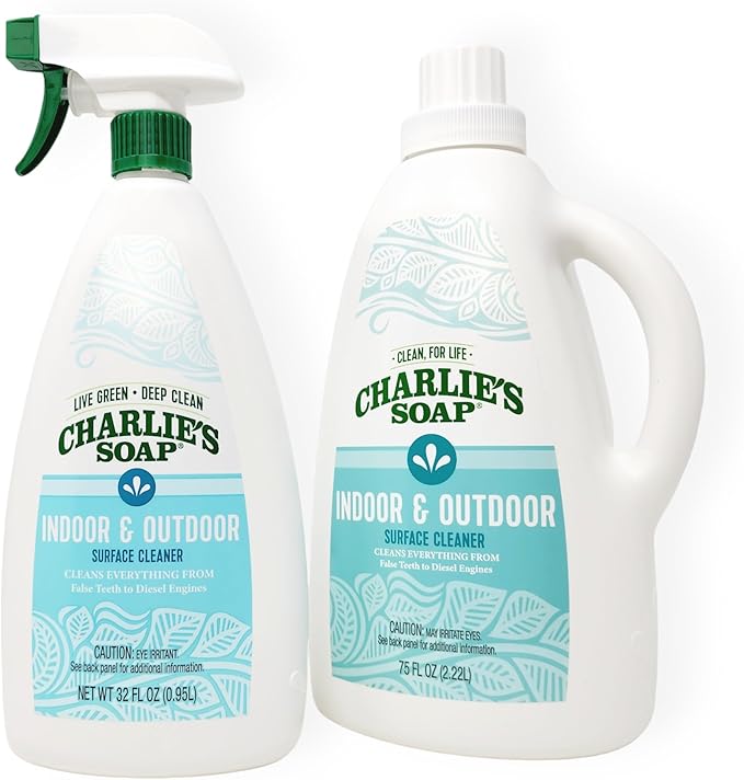 Charlie's Soap Indoor & Outdoor Surface Cleaner Refill (107 Fl. Oz.) Biodegradable Natural Outdoor Cleaning Spray – Safe for Indoor Use (2 Pack - One 32oz Sprayer and One 75oz Refill)