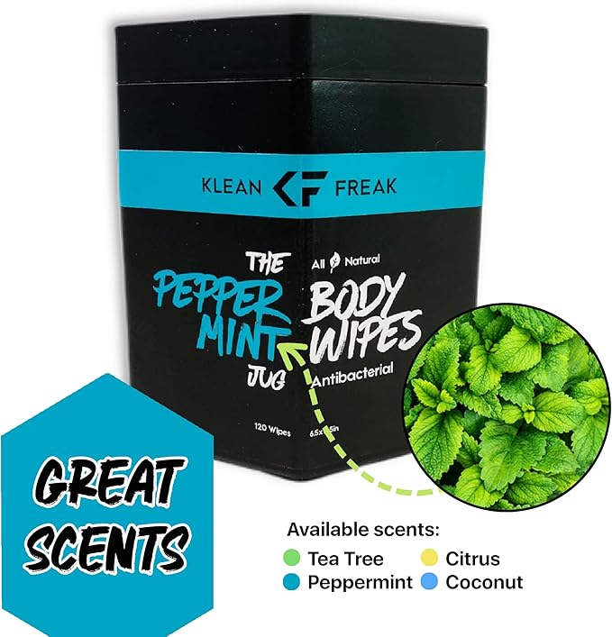 Body Wipes - for Face and Body, No Water, Wipe Away Sweat and Odor, Large Textured, Travel, Gym, Camping and More, 120 Cnt Jug (Peppermint)