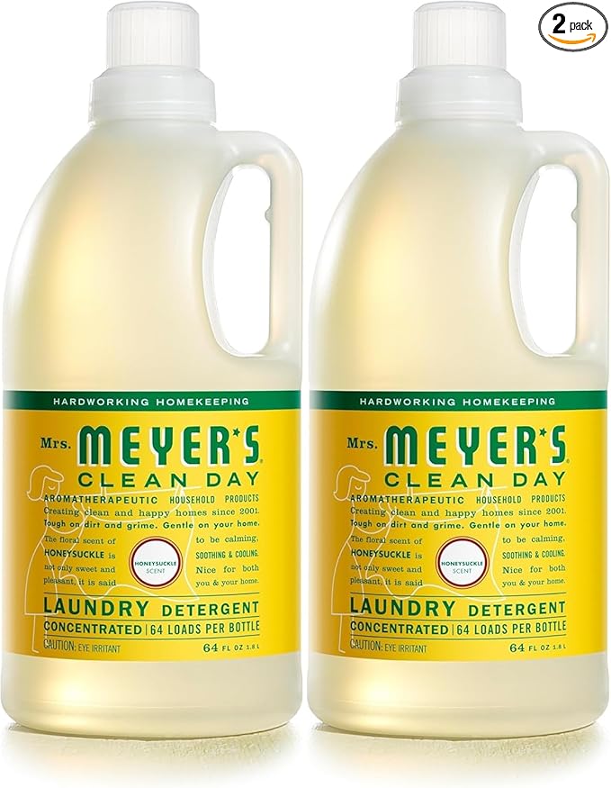 MRS. MEYER'S CLEAN DAY Liquid Laundry Detergent, Biodegradable Formula Infused with Essential Oils, Honeysuckle, 64 oz - Pack of 2 (128 Loads)