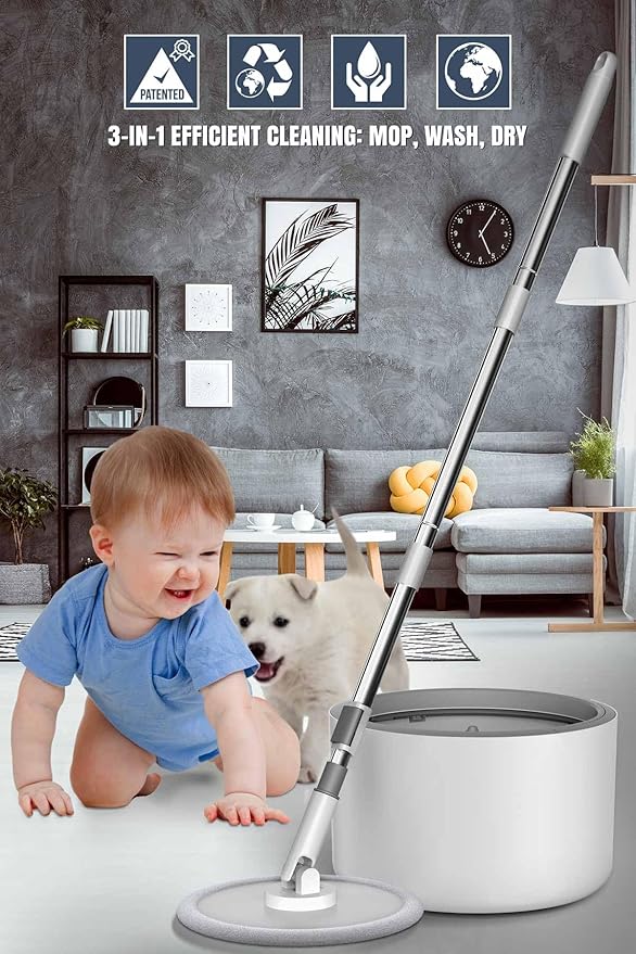 Innowellclean Spin Mop and Bucket Set with Self-Cleaning, Dry, Wet 3-In-1 Water Filtration System | Microfiber Mop for Floor Cleaning - Home & Kitchen Hardwood, Laminate, Tile (5 Pads & Triangle Head)