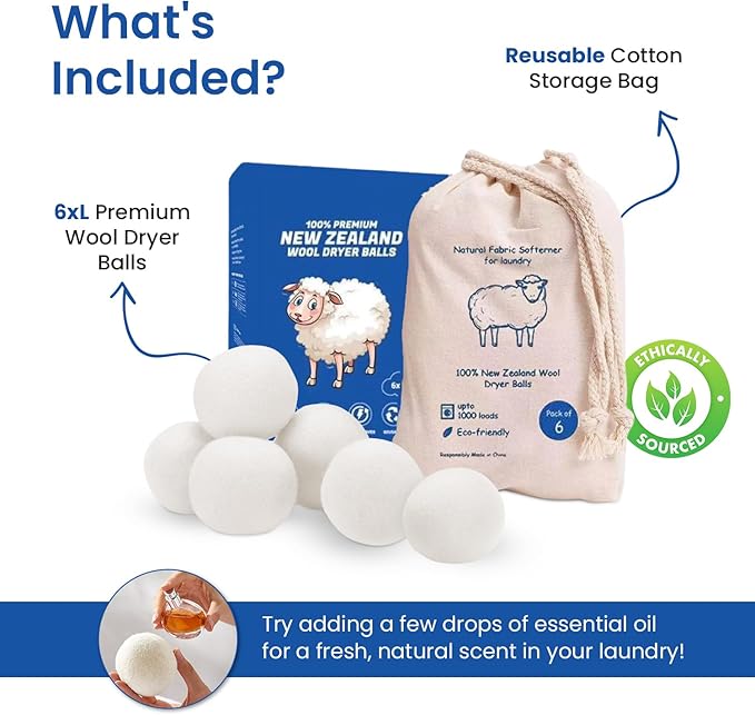 100% New Zealand Wool Dryer Balls – Premium Reusable Natural Fabric Softener – Hypoallergenic, Chemical-Free & Eco-Friendly Laundry Softening – Reduces Drying Time by 30% - 6 Pack