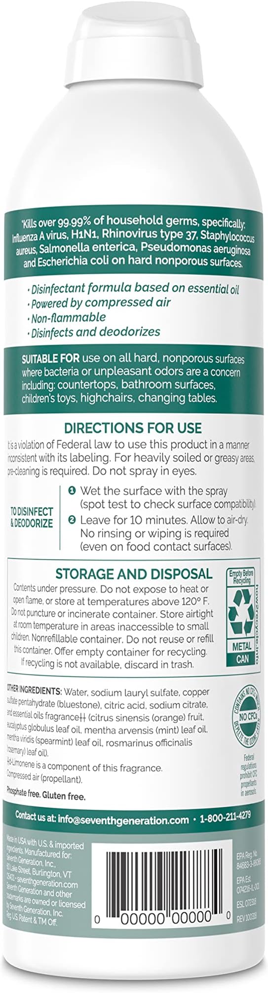 Seventh Generation Disinfecting Spray Cleaner Eucalyptus and Thyme Disinfectant 13.9 oz, Pack of 8