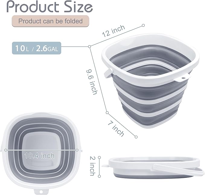 Collapsible Bucket Mop Bucket 2.6 Gallon(10L) for House Cleaning, Travel, and More - Lightweight, Foldable, and Portable for Outdoor Adventures(1,Grey-Square)