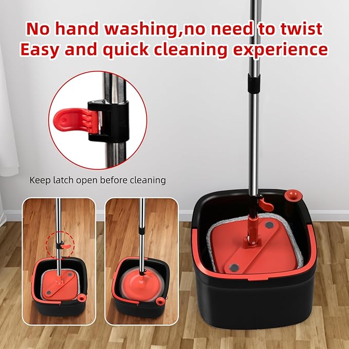 Spin Mop and Bucket Set with Dirty - Water - Separation Bucket: Self Wringing Design, Machine - Washable and Replaceable Microfiber Pads for Home Floor Cleaning (Mop Set with 2 Pads)