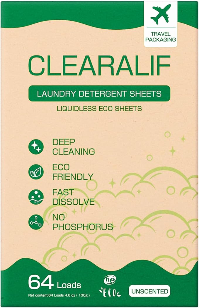 CLEARALIF Laundry Detergent Sheets, Unscented, 64 Load, CLEARALIF Laundry Detergent Strips Eco Friendly & Hypoallergenic
