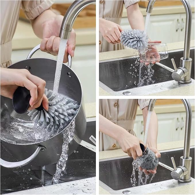 4PCS Glass Cleaning Brush with Suction Cup, Kitchen Bottle and Wine Cup Cleaner, Stable Washing for Cups, Mugs, Decanters and Jugs, Gray