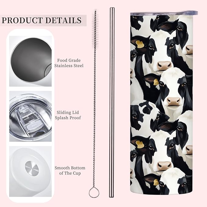 1Pcs Cow Print Stainless Tumbler with lid and straw - 20oz Travel Mug, Reusable Metal Straw & Brush, Double-Wall Vacuum Bottle Cup for Coffee Wine Tea Hot and Cold Drinks,Gifts