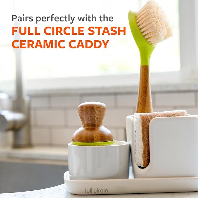 Full Circle Bubble Up -Bamboo Dish Brush & Ceramic Soap Dispenser -Scrub Set for Dishes, Nonstick and Cast Iron -Kitchen Cleaning Tool with Natural Bamboo Handle,White