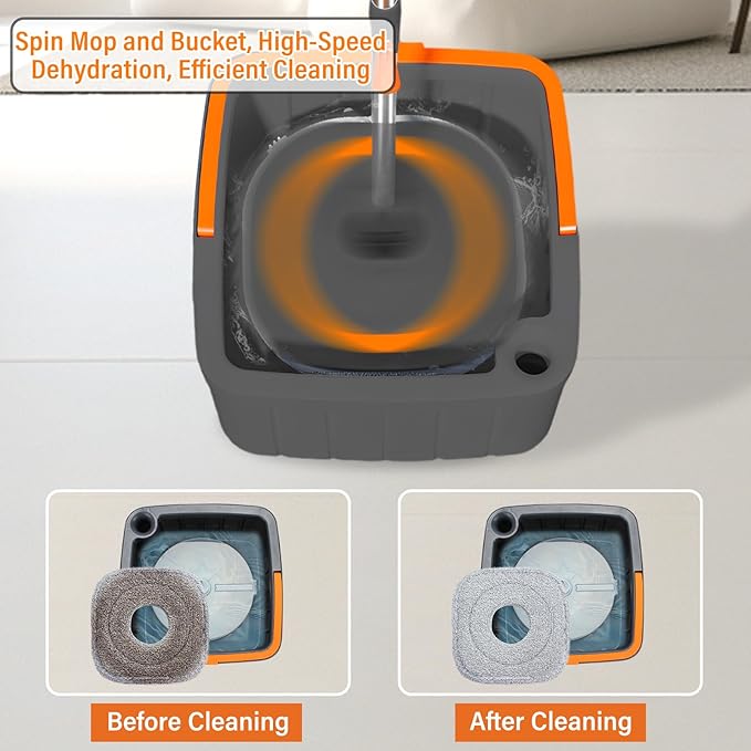Spin Mop and Bucket Set with Self Separation Dirty and Clean Water System,Self Wringing 360° Rotating Square Clean Mop and Bucket with Wringer,Home Floor Tile Cleaning(3 Thick Mop Pads)(Black)