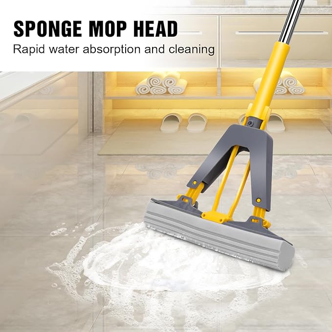 Sponge Mop with Self-Squeeze Feature, Stainless Steel Handle, 3 PVA Absorbent Mop Head Refills, Ideal for Home & Commercial Use on Tile, Floor, Bathroom & Garage