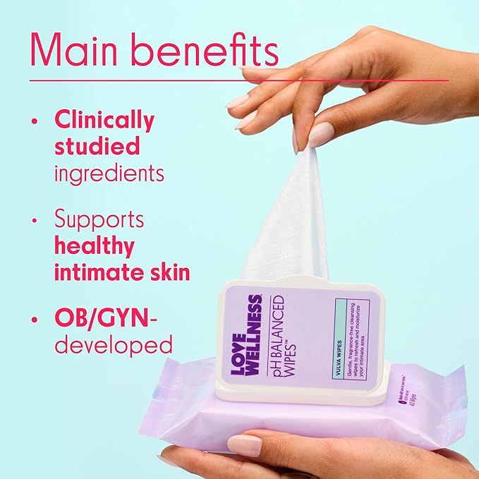 Love Wellness pH Balancing Wipes for Women | Feminine Hygiene for Cleansing with Aloe Vera | Fragrance-Free Intimate Health | Moisturizing, Soothing & Calming for Sensitive Skin | Travel Size | 2-Pack