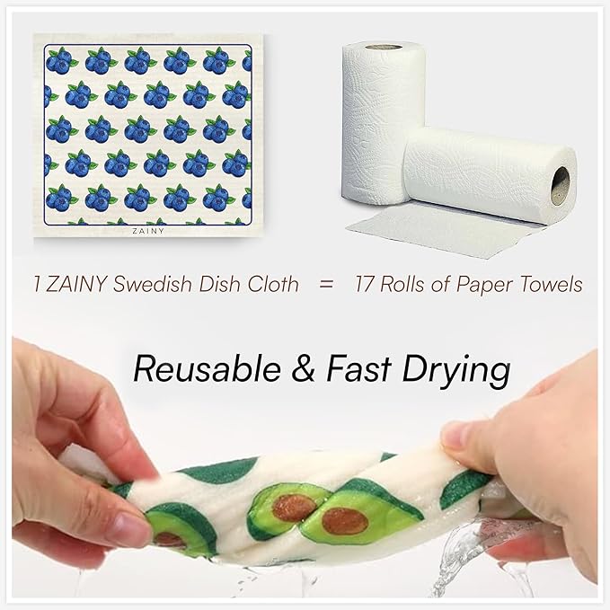 ZAINY 10 Swedish Dishcloths for Kitchen, Gifts for Mom and Mothers, Swedish Dish Cloths Reusable Paper Towels Washable, Cellulose Sponge Cloth & Cleaning Towel for Washing Dishes, Washcloths - Fruits