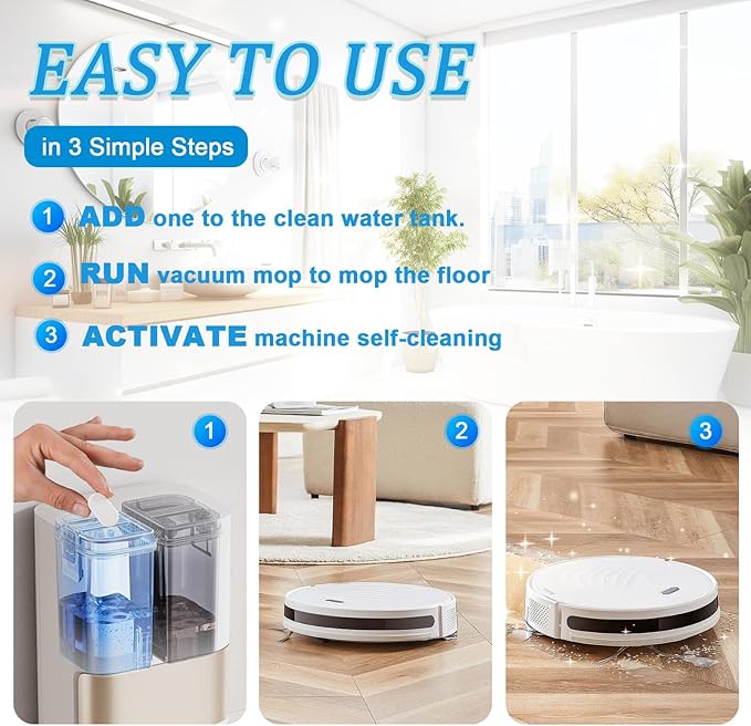Vacuum Mop Cleaning Tablets (120 Count) - Fast Dissolve, Odor Eliminating & Pet-Safe | Compatible with Tineco Floor One, Roborock, Shark | Save 40% vs Cleaning Solution, Zero Residue