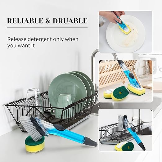 Soap Dispensing Dish Brush Set, Kitchen Brush with 4 Brush Replacement Heads, 2 Adhesive Hooks, Dish Wand Scrub Brush for Dishes Sink Pot Pan Cleaning