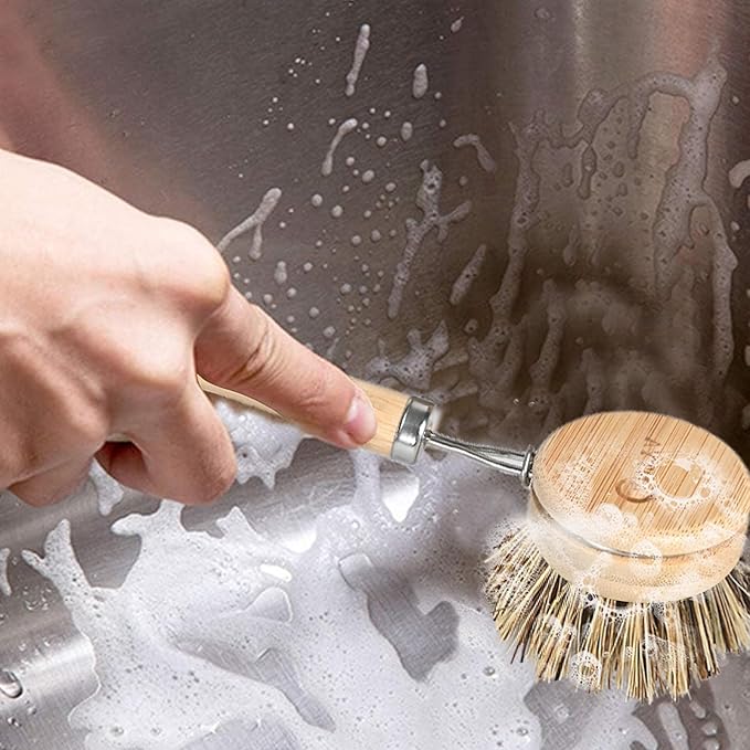 Bamboo Dish Scrubber - Hard Bristles, Natural Dish Brush with Handle 4 Replacement Heads, Compostable & Sustainable, Kitchen Brush for Cleaning Dishes, Pots and Pans