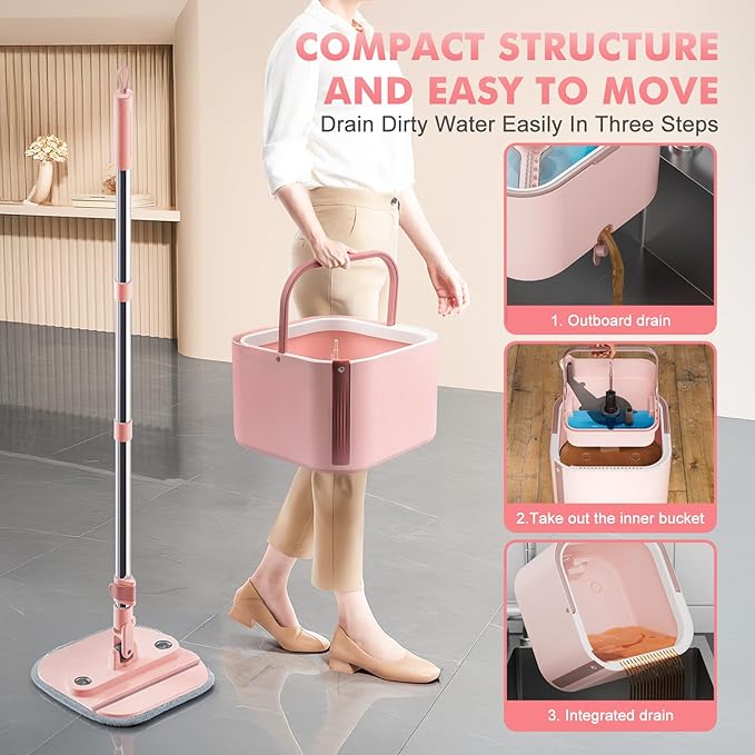 Upgraded Spin Mop and Bucket Self-Standing Mop Bucket Separate Dirty and Clean Water System Self Wringing 360° Rotating & 90° Foldabl Mops and Buckets for Floor Cleaning (Pink, 14Pads)