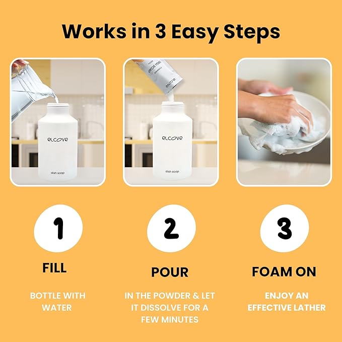Eco Friendly Foaming Dish Soap Starter Set, Reusable Aluminum Soap Dispenser, Zero Waster, Non Toxic, Concentrated Powder Dish Soap Refill (Pack of 3) Make 36 oz of Foaming Dish Washing Liquid