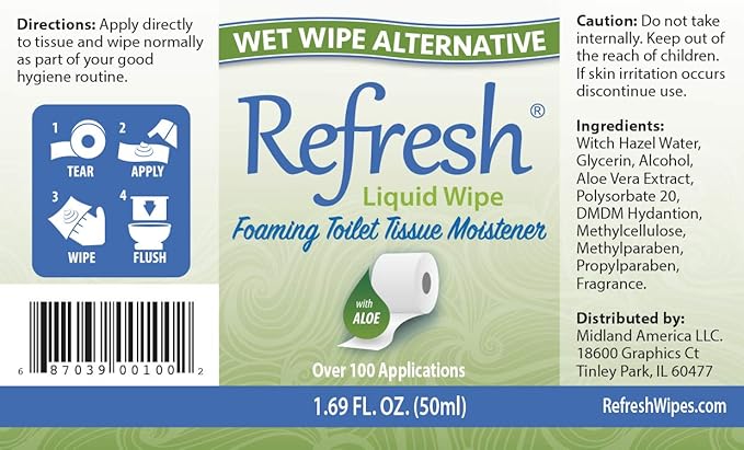 Refresh Liquid Wipe: Toilet Paper Foam. Eco-Friendly Flushable Wet Wipe Alternative. Cleanses and Soothes with Witch Hazel and Aloe. Plumbing & Septic Safe. 50ml (1.69 Fl Oz) – 1 Pack.…