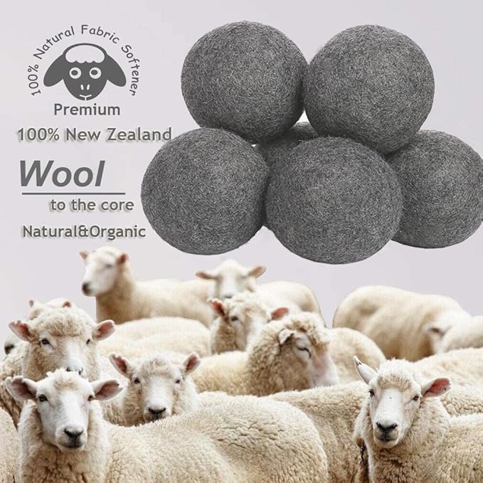 Wool Dryer Balls Dark Grey XL 6-Pack, 100% New Zealand Organic Fabric Softener for 1000+ Loads, Baby Safe & Hypoallergenic, Reduce Wrinkles & Shorten Drying Time Naturally (6pcs Grey-XL)
