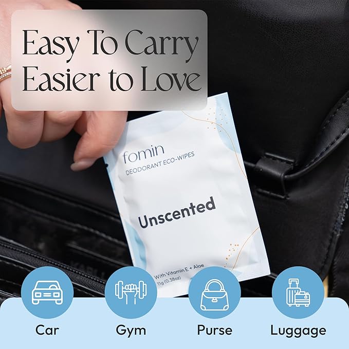 FOMIN Travel Deodorant Wipes - 50 Count - Unscented - pH Balanced, Hypoallergenic Mini Deodorant Wipes For Women and Men - Plastic-Free, Individually Wrapped Underarm & Body Wipes