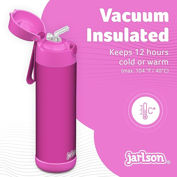 Jarlson® Charli Children's Stainless Steel Drinking Bottle with Straw - Thermos Flask 350 ml - TÜV Tested - BPA Free - Leak-Proof - Thermal Water Bottle for School, Nursery (Magenta)