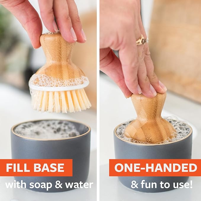 Full Circle Bubble Up -Bamboo Dish Brush & Ceramic Soap Dispenser -Scrub Set for Dishes, Nonstick and Cast Iron -Kitchen Cleaning Tool with Natural Bamboo Handle,White
