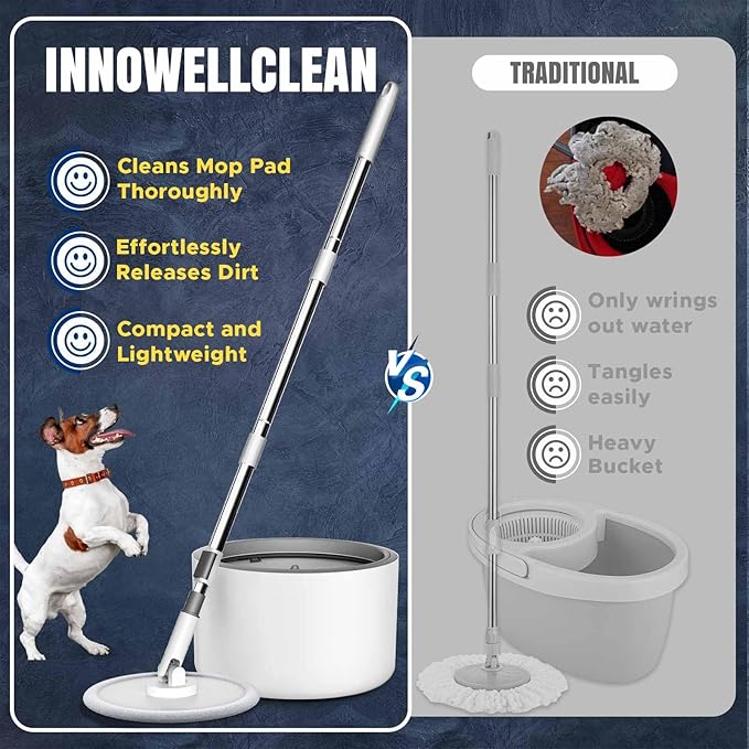 Innowellclean Spin Mop and Bucket Set with Self-Cleaning, Dry, Wet 3-In-1 Water Filtration System | Microfiber Mop for Floor Cleaning - Home & Kitchen Hardwood, Laminate, Tile (5 Pads & Triangle Head)