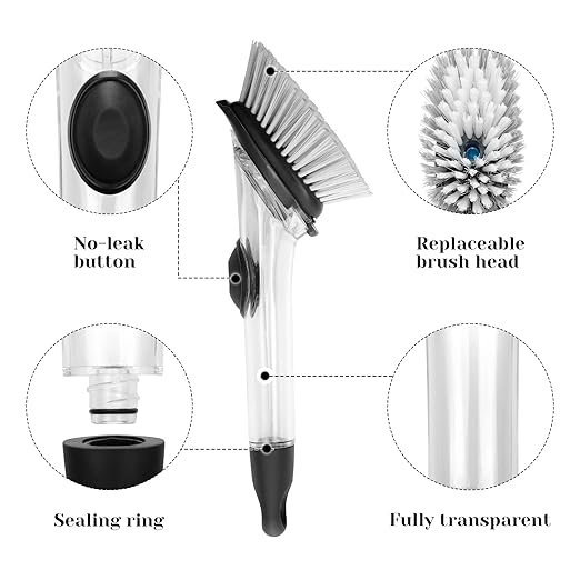 Soap Dispensing Dish Brush Set, Kitchen Brush with 4 Brush Replacement Heads, 2 Adhesive Hooks, Dish Wand Scrub Brush for Dishes Sink Pot Pan Cleaning