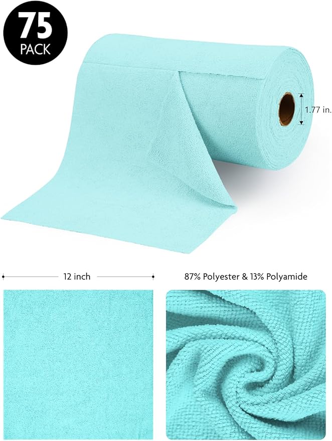 Fantasticlean Microfiber Cleaning Cloth Roll -75 Pack, Tear Away Microfiber Towels, 12" x 12", Reusable, Washable, Scratch Free, Ultra Absorbent Dish Rags for Car, Home, Garage or Shop (Blue)
