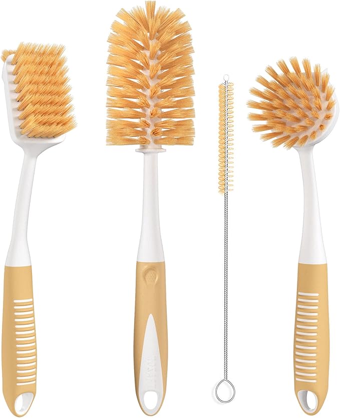 Dish Brush Set of 4 - Kitchen Scrub Brushes with Non-Slip Long Handle for Cleaning, Scrubber, Dishwashing, Dishes, Bottles, Straws, Cups, Pots & Sink, Baige