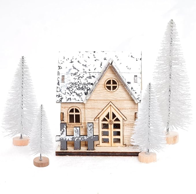 Yookat 40Pcs Mini Christmas Trees Artificial Mini Pine Trees with Wood Base Sisal Trees Bottle Brush Trees Assorted Color for Christmas Decoration Winter Ornaments (White)
