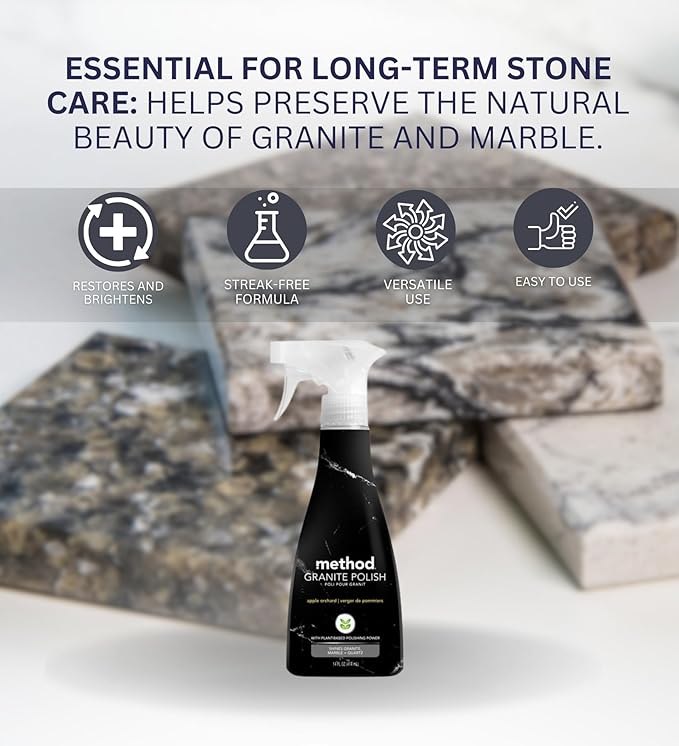 Method Apple Orchard Scent Granite Polish Spray 14 oz Bundle with Microfiber Cloth - Granite Countertop Cleaner - Plant-Based Marble & Quartz Cleaner for Shiny Surfaces - (3 Items)
