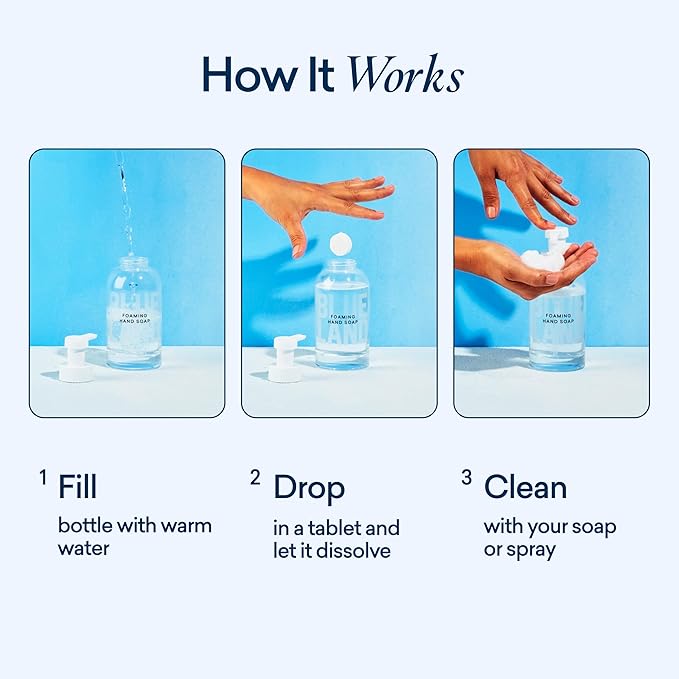 BLUELAND Clean Home Kit, 3 Reusable Bottles with 3 Tablets, Makes 1 Bottle Each of Foaming Hand Soap, Multi-surface Cleaner, Bathroom Cleaner
