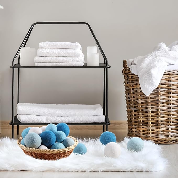 24 Pack Blue Wool Dryer Balls, 3.15'', 2.4'' Reusable Laundry Balls Wool Balls Natural No Lint Fabric Softener Balls for Clothing Wrinkles
