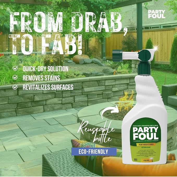 Party Foul Plant-Based Cleaner Spray | Eco-Friendly, Vegan Formula for Tiles, Counters, Granite, Metal, Glass, Wood & More | Natural I For Decks, Patios, BBQ Spills, Outdoor - 32 oz