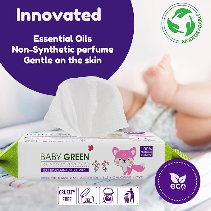 Yugi Green Baby Wipes with Essential Oils for Sensitive Skin & Nose Wipe. Plant-Based, and Organic, Plastic FREE, 864 Count (12 Packs of 72)