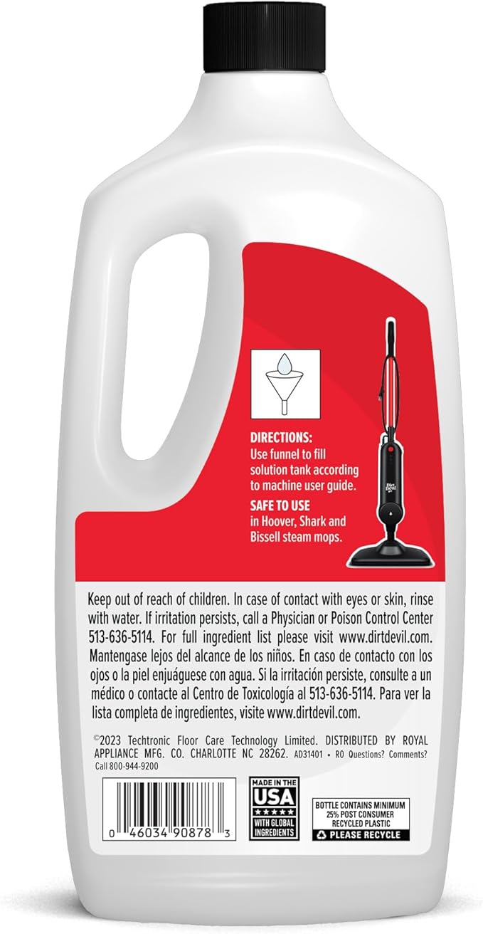 Dirt Devil Steam Water Hard Floor Cleaner, 32 oz., Spring Meadow Scent, Natural Hard Floor Demineralized Water Cleaner, For Use on Sealed Hard Floors, Pair with Dirt Devil Steam Mop